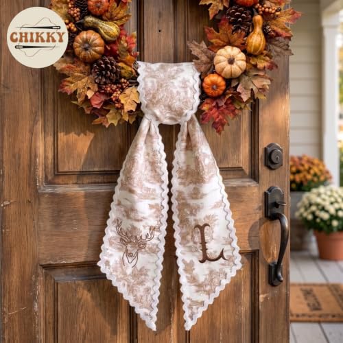 Fall Wreath Sash for Front Door Decor - Monogram Embroidered Pumpkin Linen Ribbon - F01