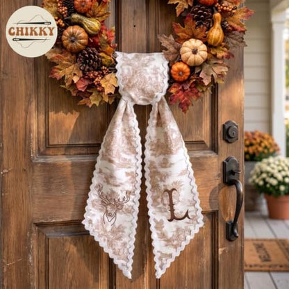Fall Wreath Sash for Front Door Decor - Monogram Embroidered Pumpkin Linen Ribbon - F01