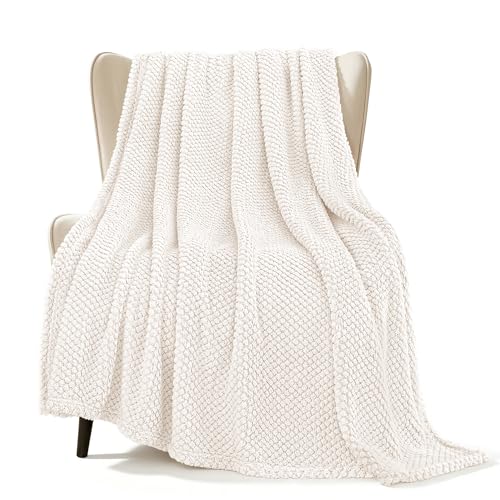 Ivory Fuzzy Fleece Throw Blanket 50x70 Inches - Extra Large Cozy Couch Blanket