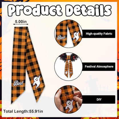 Halloween Wreath Sash for Wreath Orange Buffalo Plaid Ghost Decor Style2