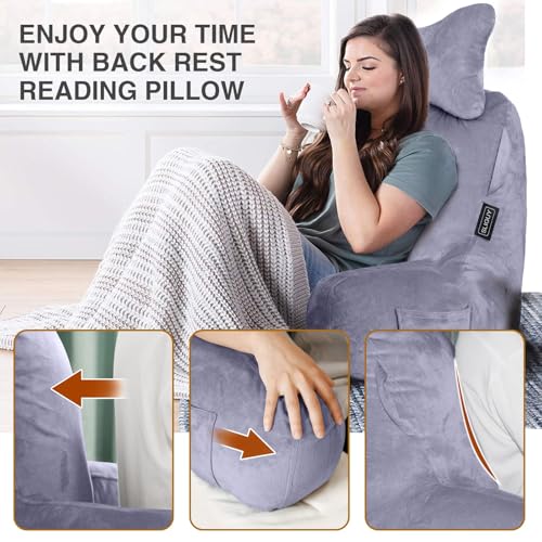 SLIGUY Reading Pillow-Bed Rest Pillow with Detachable Neck Roll & Higher Support Arm for Sitting in Bed Couch or Floor-Backrest Reading Pillow Adult Back Pillow for Reading/Watching TV/Gaming,Beige