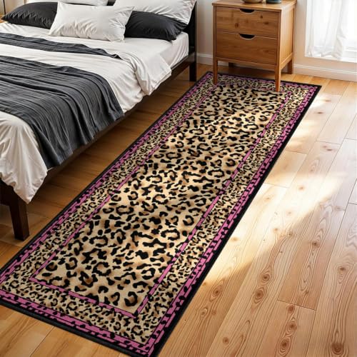 Pink Leopard Border Runner Rug 2x6 Feet - Stylish Cheetah Pattern, Non-Slip, Washable