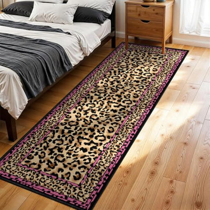 Pink Leopard Border Runner Rug 2x6 Feet - Stylish Cheetah Pattern, Non-Slip, Washable