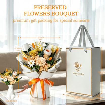 Orange Preserved Rose Flower Bouquet with Shatterproof Vase - Romantic Forever Gift for Anniversary & Valentine’s Day