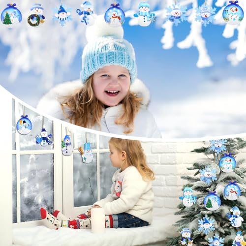 30 Pcs Christmas Blue Snowman Ornaments Wooden Holiday Tree Decorations