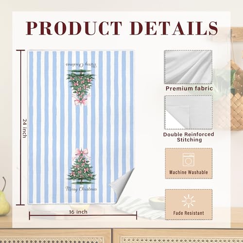 Christmas Kitchen Dish Towels - Pink Bow & Holiday Decor, 16x24 Inch - White Towel Plant Variation