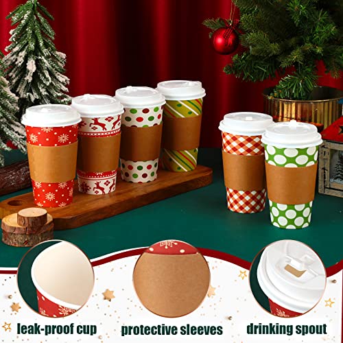 30 Sets Christmas Disposable Coffee Cups with Lids & Sleeves 16 oz - Fresh