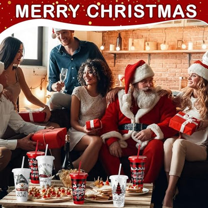 Christmas Plastic Cups with Lids & Straws - 24 oz Red & Black Plaid Set with Holiday Designs - Stylish Variation