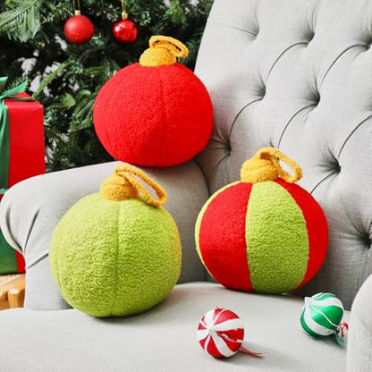 Christmas Ball Pillows Set - Colorful Plush Holiday Decor - 3 Pieces