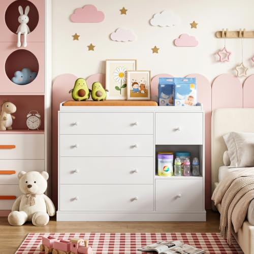 Kids Dresser Cabinet with Changing Table - White Child Bedroom Storage Furniture