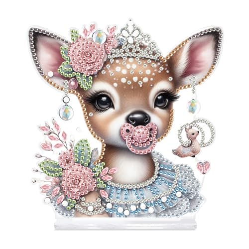 DIY Diamond Painting Deer Ornament Kit with Pink Rose Crown - Tabletop Decor