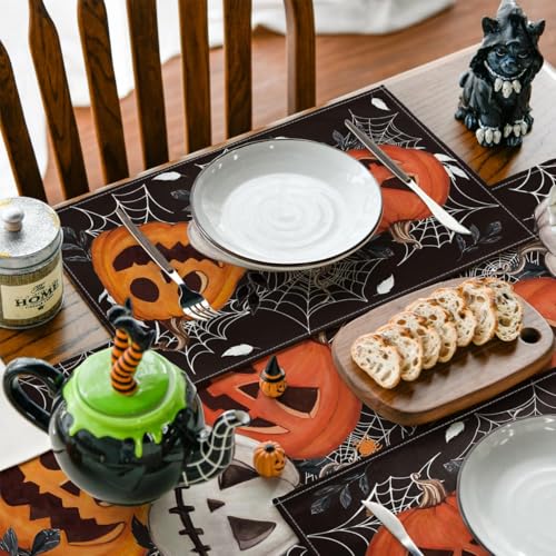 Black Pumpkin Spider Web Halloween Placemats Set of 4 - 12 x 18 Inch Seasonal Fall Table Decor