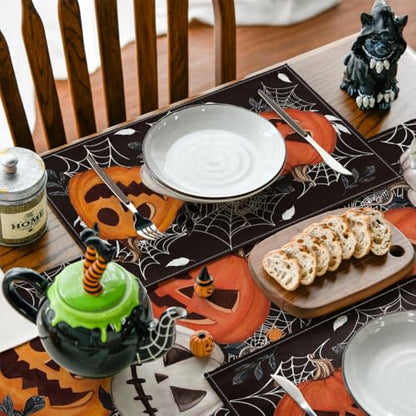 Black Pumpkin Spider Web Halloween Placemats Set of 4 - 12 x 18 Inch Seasonal Fall Table Decor