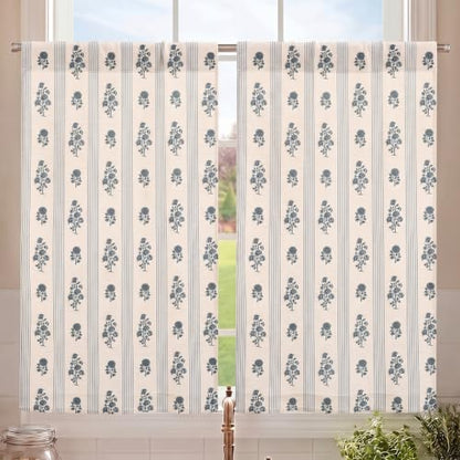Blue Floral Linen Kitchen Tier Curtain Set - Farmhouse Decor, 24x36 Inches, Ruffled Hem