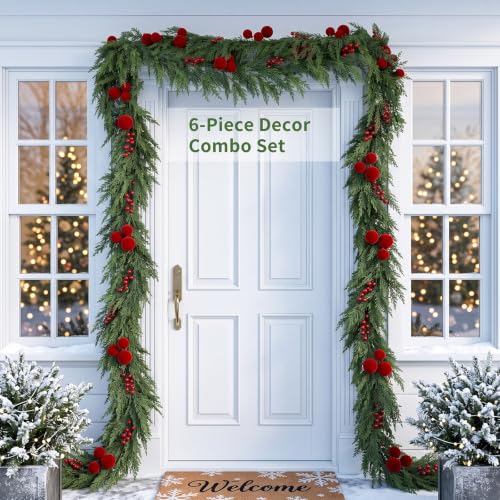 6FT 2PCS Christmas Garland Set - Real Touch Flocked Pine & Berries for Indoor Holiday Decor
