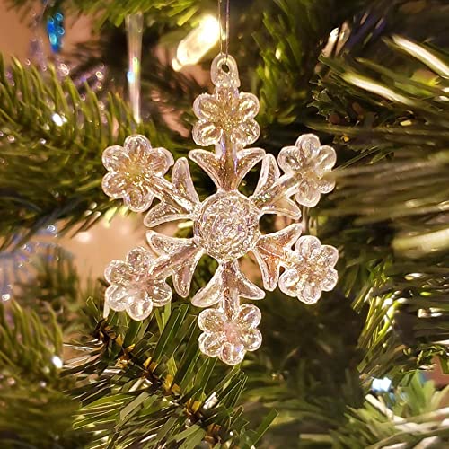 Clear Glass Snowflake Ornaments Set of 12 - Winter Christmas Hanging Decorations