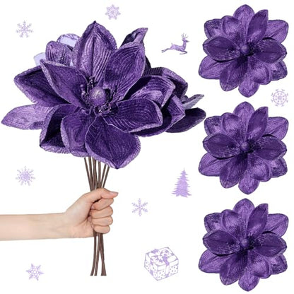 Large 16 Inch Purple Velvet Christmas Magnolia Flowers - 8 Pack