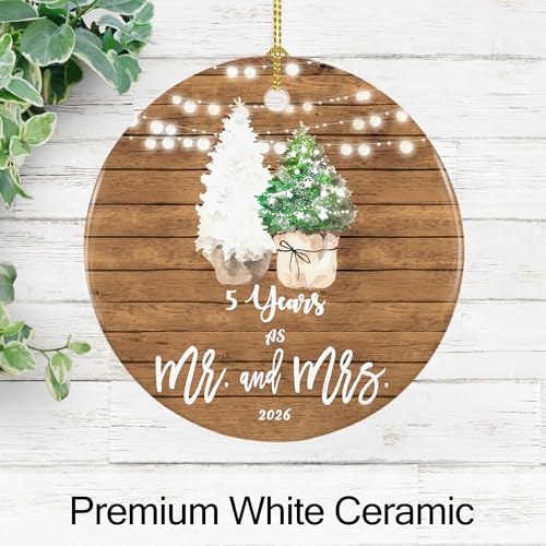 5th Anniversary Ornament for Couple - 5 Year Wedding Keepsake Gift - Mr & Mrs Decor - 2.9 Inch Ceramic Decoration - Gold Hanging String - 2026
