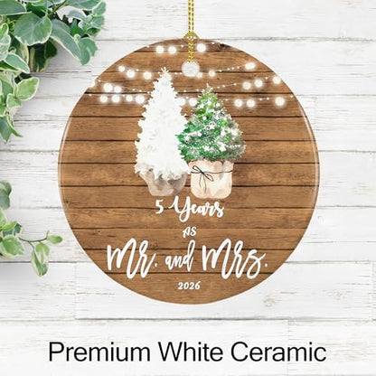 5th Anniversary Ornament for Couple - 5 Year Wedding Keepsake Gift - Mr & Mrs Decor - 2.9 Inch Ceramic Decoration - Gold Hanging String - 2026
