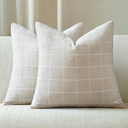 Beige Chenille Plaid Throw Pillow Covers Set of 2 26x26 Inches - Boho Home Decor