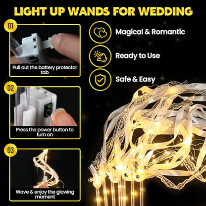 60PCS LED Wedding Wands with Ribbons & Bell - Reusable Fairy Sparkler Set