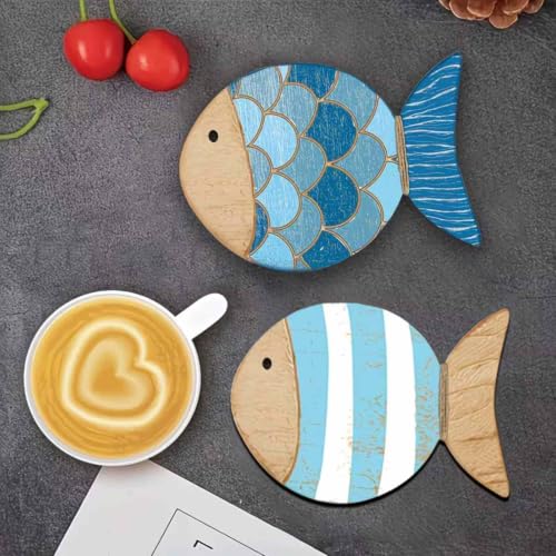Wooden Fish Coasters Set of 4 Dual-Use Wall & Table Decor Ocean Pattern