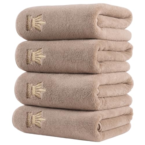 Khaki 4-Piece Coral Fleece Microfiber Bath Towel Set with Crown Embroidery - Super Absorbent, Large Size