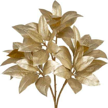 Gold Glitter Magnolia Long Stems - 25.6 Inch Christmas Decor - Set of 3