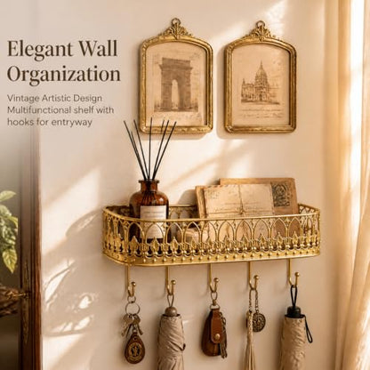 Vintage Gold Wall Mount Key Holder Shelf with 5 Hooks and Mail Rack