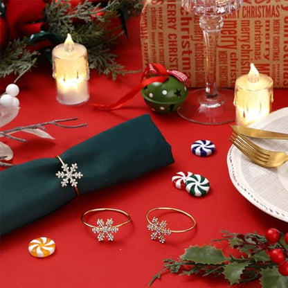 Christmas Snowflake Napkin Rings Set - Gold 12 Pcs Rhinestone Holiday Decor