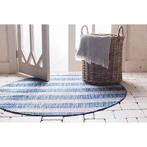 Unique Loom Outdoor Striped Collection Area Rug - Distressed Stripe (4' 1" Round, Blue/ Gray)