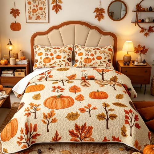 Castle Fairy Autumn Pumpkin Quilt Set Full Size with Pillow Shams - Orange Beige
