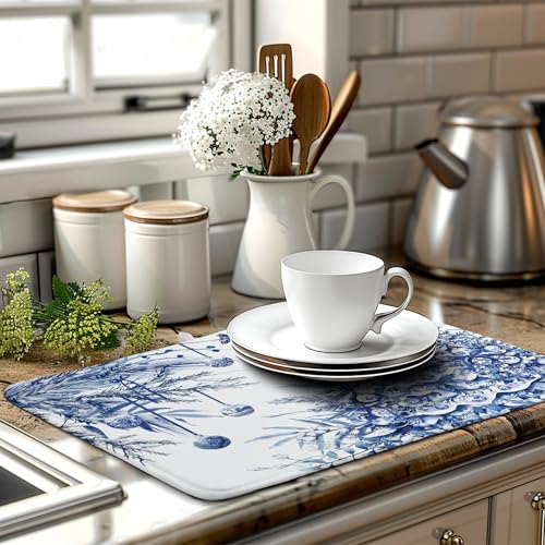 Christmas Tree Dish Drying Mat for Kitchen Counter 18x24 Inch Blue White Chinoiserie - Winter Holiday Absorbent Microfiber Reusable Drainer Pad