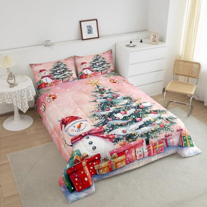 King Size Christmas Tree Comforter Set with Snowman & Santa Design - Pink Green White