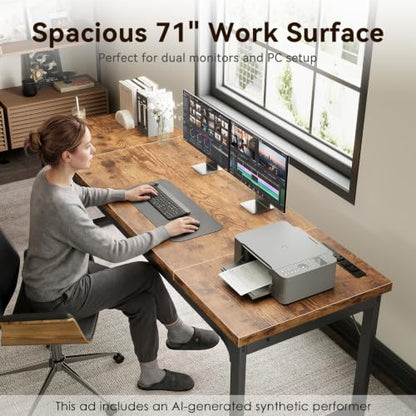 Long Computer Desk with Power Outlet - Rustic Brown, 71 Inch Heavy Duty Office & Gaming Table