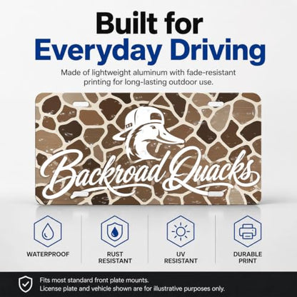 Backroad Quacks Duck Camo Aluminum License Plate Decor - 6x12 Inches, Outdoor Wildlife Display