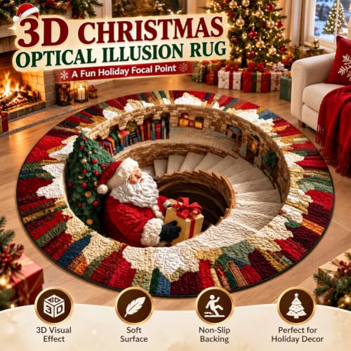 40in 3D Christmas Rug Optical Illusion Santa Gnomes Holiday Decor - J