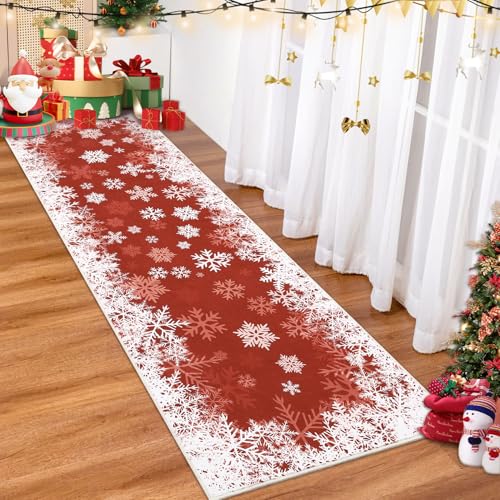 Christmas Snowflake Runner Rug 2x10 ft - Red Holiday Hallway Carpet
