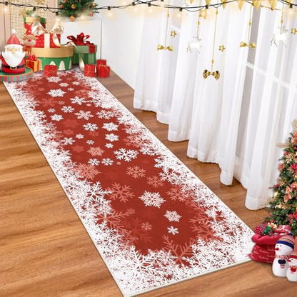 Christmas Snowflake Runner Rug 2x10 ft - Red Holiday Hallway Carpet