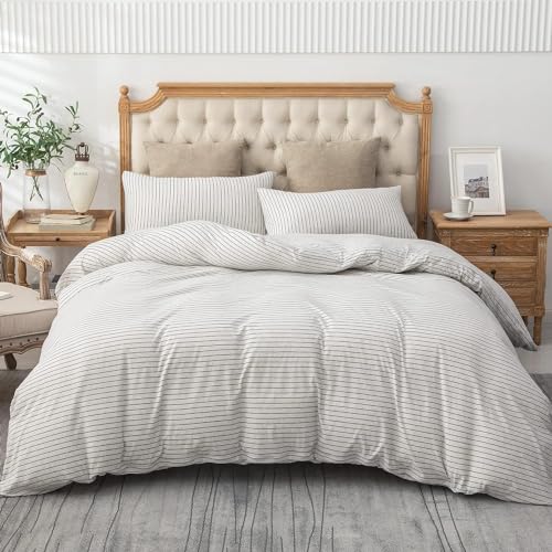 PURE ERA Jersey Knit Duvet Cover Set 100% T-Shirt Heather Cotton Super Soft Comfy Classic Striped Design, with Zipper Closure, Heather Black & White Pinstripe, Queen