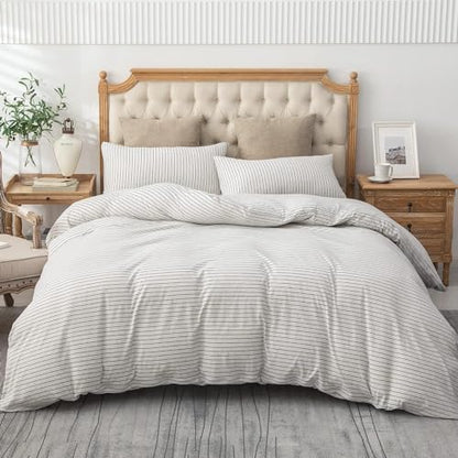 PURE ERA Jersey Knit Duvet Cover Set 100% T-Shirt Heather Cotton Super Soft Comfy Classic Striped Design, with Zipper Closure, Heather Black & White Pinstripe, Queen