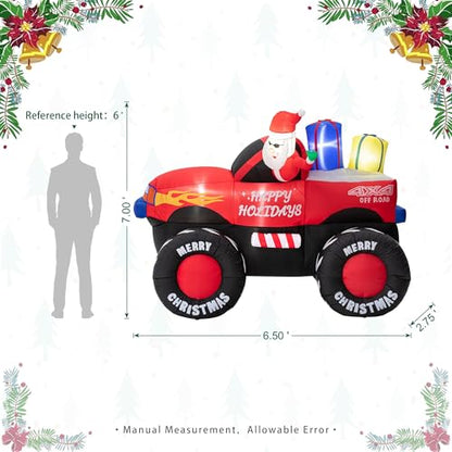 Inflatable Christmas Santa on Off-Road Pickup Truck Decor with Built-in LEDs - 7ft Holiday Yard Decoration