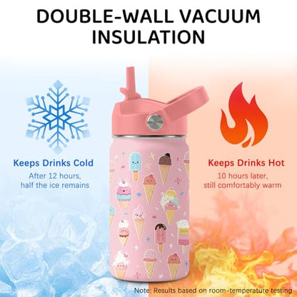 Ice Cream Pattern Water Bottle 12 oz Insulated Tumbler with Handle & Straw - Kid Friendly