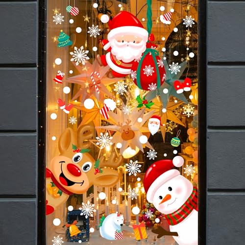 Christmas Window Clings Double-Sided Decor - Santa Snowman Reindeer Penguins & Snowflakes - 6 Sheets for Indoor Outdoor Holiday Scene - Christmas Day