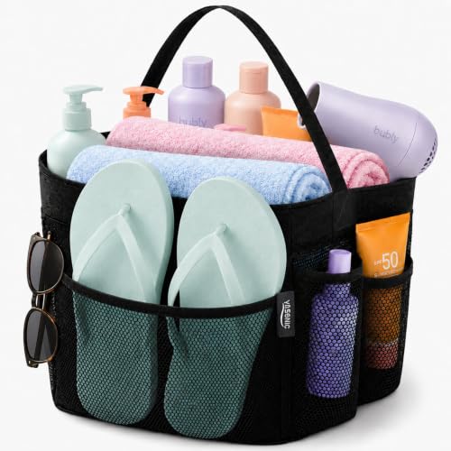 Portable Mesh Shower Caddy with One Handle - Black, 8-Pocket Dorm & Beach Organizer