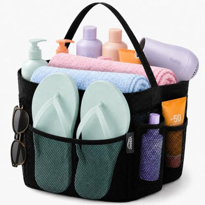 Portable Mesh Shower Caddy with One Handle - Black, 8-Pocket Dorm & Beach Organizer