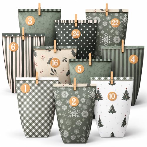 Green Advent Calendar Bags to Fill - 24 Days DIY Kraft Paper Christmas Countdown Kit
