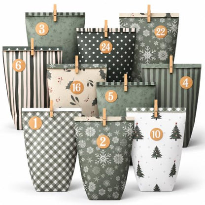 Green Advent Calendar Bags to Fill - 24 Days DIY Kraft Paper Christmas Countdown Kit