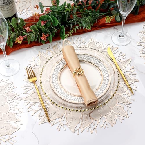 Gold Placemats Set of 6 - Pressed Plum Flower Design, 15.7 Inch