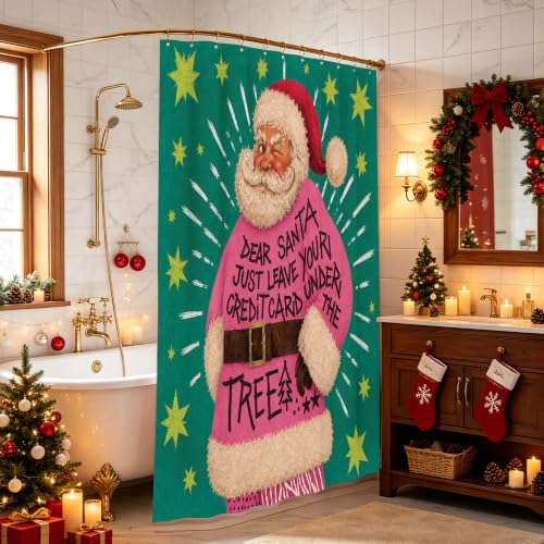 Pink Christmas Shower Curtain Set with 12 Hooks - 72x72 Inch, Teal Santa Quote